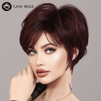 【jw】☂☃  7JHH WIGS Short Bob Wig Wine for Synthetic Hair Wigs with Fluffy Bangs Resistant