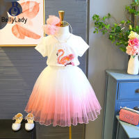 2pcs/set Girls Flamingo Short Sleeves Round Neck T-shirt Gradient Mesh Skirt Set【fast】