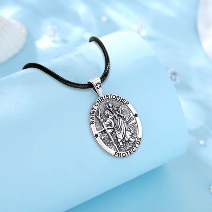 cw-eudora-925-sterling-christopher-necklace-embossed-medal-pendant-religious-jewelry-for-man-woman