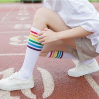 Women Knee Over Thigh High Stocking Football Socks Rainbow Stripe Long Hosiery