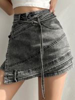 【hot】 Fashion Womens Denim Shorts Skirt New Waist Irregular Chain Spliced Gray Skirts Female 2023  Clothing