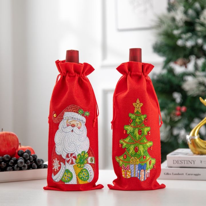 high-end-cups-ภาพวาดเพชรคริสต์มาสถุงขวดไวน์แฮนด์เมด-diy-ศิลปะสุขสันต์วันคริสต์มาสถุง-drawstring-ชุดตกแต่งตารางคริสต์มาส