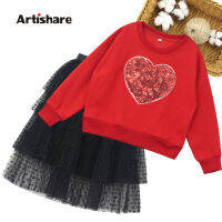 Teen Girls Clothing Heart Pattern Girls Outfits Sequin Swetashirt + Skirt Kids Clothes Girls Teenage Childrens Clothes Set