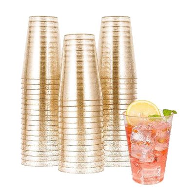 50Pcs 10OZ Gold Plastic Cups, Disposable Gold Glitter Plastic Cups, Clear Plastic Cups Tumblers, Wedding Cups Party Cups