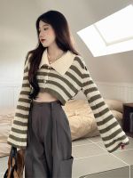 ✁☇ Zoki Cropped Striped Cardigan Fashion Sleeve Loose Knitted Sweaters Korean Lazy Wind Outwear