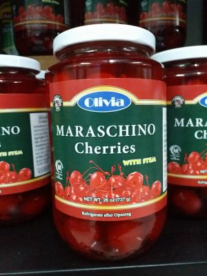 Olivia Maraschino Cherries With Stem 🔥โปรแรง!!🔥 ราคาพิเศษ เชอรี่มีก้าน โอลิเวีย มาราสชิโน ในน้ำเชื่อม 737 g เชอร์รี่เต็มลูกพร้อมก้าน เนื้อแน่น