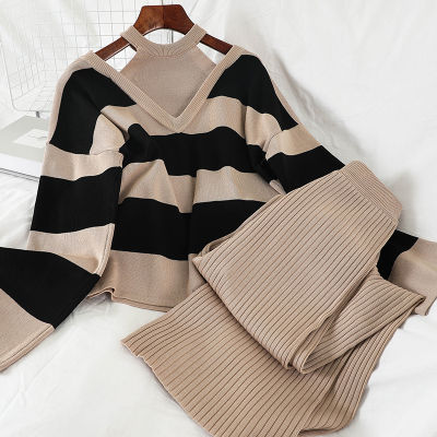 Fashion womens suit temperament striped sexy knit sweater straight and thin wide-leg trousers two-piece suit
