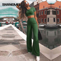 Fashion Women Sets Casual Solid Rib Knit Short Sleeve Crop Top High Waist Wide Leg Pants Suits Lady Tracks. Out of Loungewear