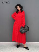 XITAO Dress Long Sleeve Fashion Women Asymmetrical Pleated Shirt Dress