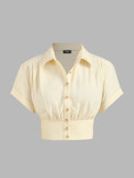 Cider Collar Ruched Short Sleeve Blouse