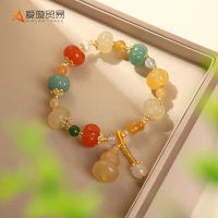 Natural Gold Thread Jade Pumpkin Beads Bamboo Knot Hand Chain Chinese Gourd Pendant Bracelet Jade Stone Cultural and Amusement Temple Commemorative Handicraft RXMU