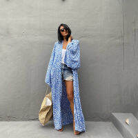 ➦ Oversize บิกินี่เสือดาว Cover Up พิมพ์ Belted Blue Tunic Kaftan Cardigan ผู้หญิงฤดูร้อนขนาดพิเศษชุดว่ายน้ำ Pareo Beach Cape