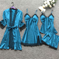 Silk Robe Sleep Suit Womens Lace Satin Pajamas Gown Set V-Neck Cami Nighties Wear Pijama Home Nightwear Spring Autumn Nightdress