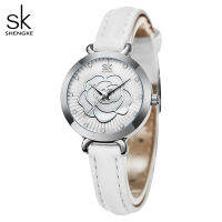 Shengke New Romantic Summer Women Watches White Grace Flower Mini 22 MM Dial Comfortable Leather Strap Japanese Movement Clock