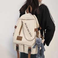 Men and Women Multiple Pockets Nylon Backpack Female Letter Printing Travel Bag Girl Fashion Chain Schoolbag for Student Bookbag