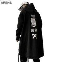 ARENS เสื้อคลุมฮิปฮอปปักตัวอักษรเสื้อคลุมลำลองสำหรับบุรุษยาวสตรีทแวร์ฮาราจูกุมีกระเป๋าคอเต่าเสื้อโค้ตตัวยาว S04ผู้ชาย