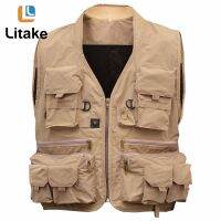 【Litake】ผู้ชาย Multifunction Pockets กีฬาตกปลาเสื้อกั๊กลุยป่า L สีกากี