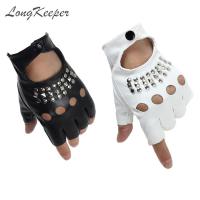 2019 Fashion Half Finger Gloves Women PU Leather Fingerless Driving Gloves Rivet Hollow Dancing Guante For Men Black white Luvas