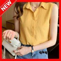 qkq971 Womens Plain Sleeveless Chiffon Shirts Korean Female Loose Lapel Tops Elegant Slim Fit Blouse