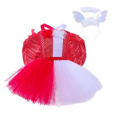 Girls Devil Angel Costume Cosplay Party Dress with Angel Wings Headwear Set Halloween Fancy Dress Up Cosplay Party Dress Kids Costumes for Carnival Masquerade polite