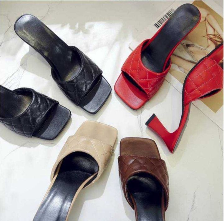 รองเท้าส้นสูงหัวเหลี่ยมสำหรับผู้หญิง-รองเท้าแตะส้นหนาแบบสวมรุ่นใหม่-f-140
