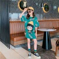 Ready Stock Promotion Girls Short-Sleeved T-Shirt Print Dress Cute Cartoon Pattern Childrens Mid-Length