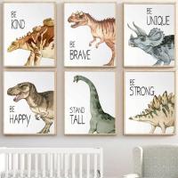 ♧☞ ไดโนเสาร์สีน้ำโปสเตอร์เนอสเซอรี่ Boys Room Decor Wall Art ภาพวาดผ้าใบการ์ตูนสัตว์ภาพเด็กตกแต่งห้องเด็ก