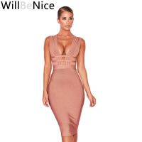 【YF】 WillBeNice Women Hollow Cut Out Bandage Dress 2019 New  Sexy Deep V-Neck Sleeveless Bodycon Club White Evening Party