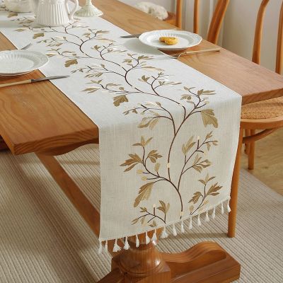 【LZ】▼✎  Luxury Embroidered Cotton Linen Table Runner Tablecloth Tassel for Home Dinning Table Coffee Table Mat Wedding decorations