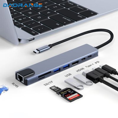 USB C ศูนย์กลางสำหรับ MacBook Pro Air 8 In 1ฮับสำหรับแล็ปท็อปอะแดปเตอร์ชาร์จ8พอร์ตแท่นวางมือถือ RJ45 /Hdmi/USB 3.0 /Pd/tf/การ์ด SD Splitter Feona