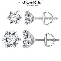 Bamoer U 2CT Moissanite Ear Stud Heart Hollow Earrings Six Crown Claws Round Cut Lab Diamond Platinum Plated For Women Wedding