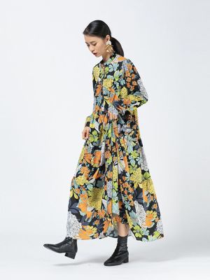 XITAO Vintage Floral Print Maxi Dresses Women Long Sleeve Dress