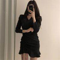 Autumn ruffled V-neck dress V-neck pleated ruffled long-sleeve bag hip Drawstring fishtail dress women Drawstring slim skirt women