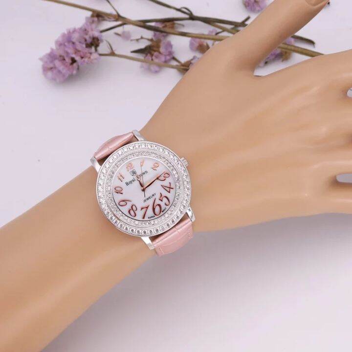 royal-crown-นาฬิกาข้อมือผู้หญิง-สายหนังแท้-ประดับเพชร-รุ่น-3632m-สี-ping