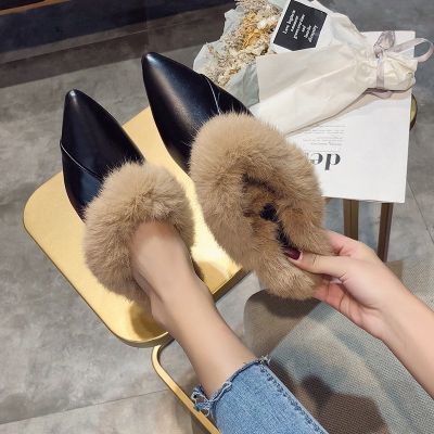 2021 Winter Outer Wear Warm Wool Slippers Pointed Toe Elegant Womens Autumn New Plush Slippers Flip-flops Office Work Shoes