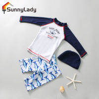 SunnyLady เสื้อชุดว่ายน้ำเด็กผู้ชาย,เสื้อแขนยาวครีมกันแดดชายหาดแห้งเร็ว3ชิ้นกางเกงว่ายน้ำมีชุดว่ายน้ำแยกชิ้นหมวกบังแดด