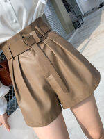 Aigo New Spring Women High Waist Loose Pu Faux Leather Shorts with Belt Casual Female Wide Leg Shorts Elegant OL Bottoms