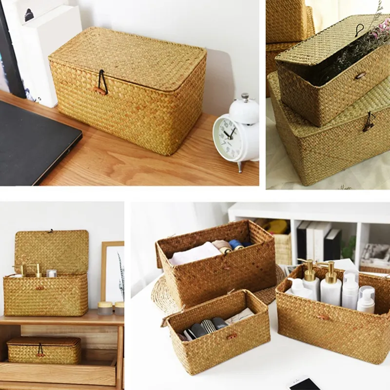 Rattan Woven Storage Box with Lid Handmade Jewelry Box Makeup