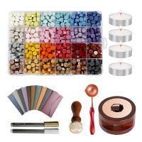 600PCS Sealing Wax Beads, with Tea Candles, Melting Spoon ,Stamp, Wax Warmer, Envelopes and Metallic Pen, (24 Colors)