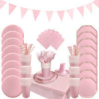 Pink Gold Tableware ชุดถ้วยกระดาษสำหรับวันเกิดงานแต่งงานอุปกรณ์ตกแต่ง Baby Shower เพศเปิดเผย Party Tableware