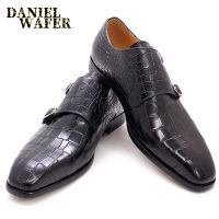 Mens Luxury Italian Mens Shoes Real Leather Pointed Toe Double Buckles Alligator Parrint Formal Business Black Shoes for Male