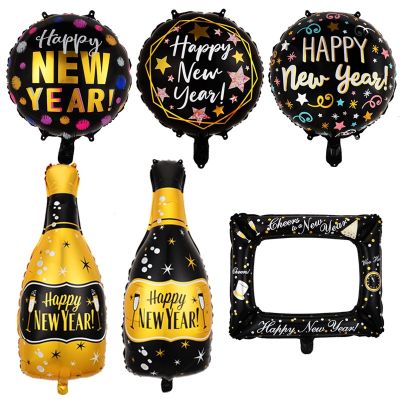 2023 Happy New Year Round Aluminum Film Balloons Wine Bottle Photo Frame Balloon Party Decoration Arrangement Ballons Baloon Balloons