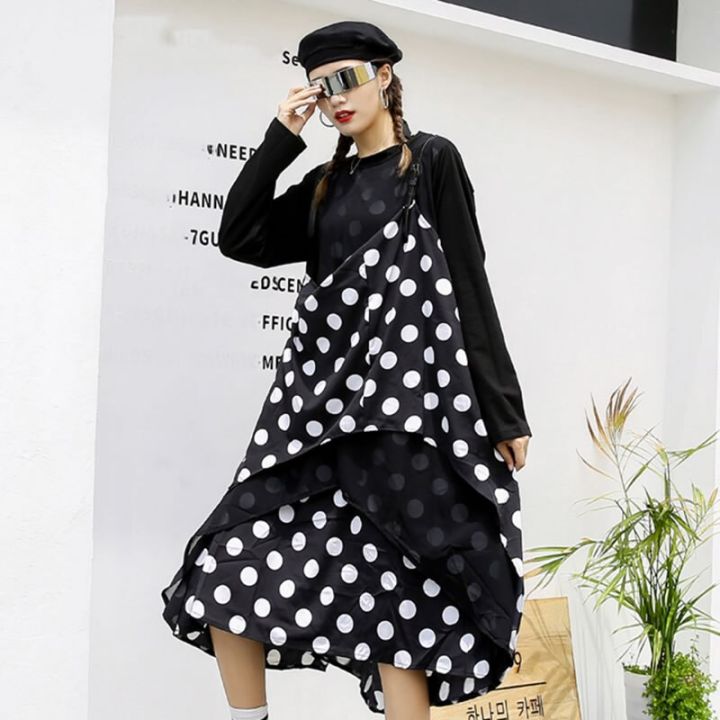 xitao-dress-long-sleeve-false-pieces-polka-dot-dress