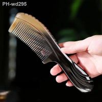 Natural Buffalo Horn Comb Fine Teeth Anti Static Massage Hair Comb with Thickening Round Handle for Head Health