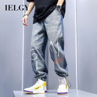 IELGY High Street บุคลิกภาพ Graffiti กางเกงขาตรงทรงหลวมนักเรียน Street Drawstring Drawstring ฟุตทอด Street กางเกงยีนส์