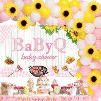 Sursursurprise BBQ Baby Shower Decorations For Girls, Baby Q Party Decorations With Pink Baby Shower Balloon Garland Kit ฉากหลังจำลองดอกทานตะวันสำหรับเด็กผู้หญิง Baby Shower Birthday Party