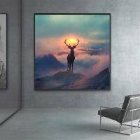 Sumanssa Forest Elf Deer ภาพวาดผ้าใบ-สไตล์นอร์ดิกสัตว์ภูมิทัศน์ Wall Art สำหรับห้องนั่งเล่น Home Decor