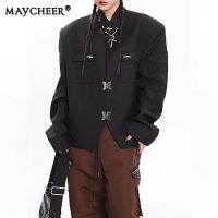 MAYCHEER เสื้อเบลเซอร์เบาะสะพายไหล่คู่แจ็คเก็ตมีกระดุมผีเสื้อโลหะสำหรับทั้งหญิงและชายใหม่ดีไซน์พรีเมี่ยมรู้สึก