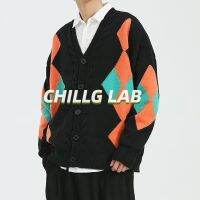 CHILLG LAB แจ็คเก็ตถักผู้ชายฤดูใบไม้ร่วงอเมริกันฤดูหนาวสบาย ๆ เพชรตัดกันเสื้อสเวตเตอร์ preppy คาร์ดิแกน