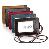 THINKTHENDO RFID Genuine Leather Business ID Card Credit Wallet Badge Holder Student Card Holder with Lanyard